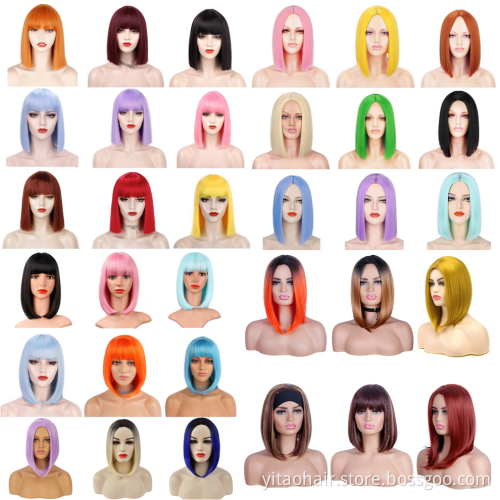 Anogol Cheap colorful  Synthetic hair Bob Wigs With Bangs  copper ginger orange  silk straight synthetic hair  wigs